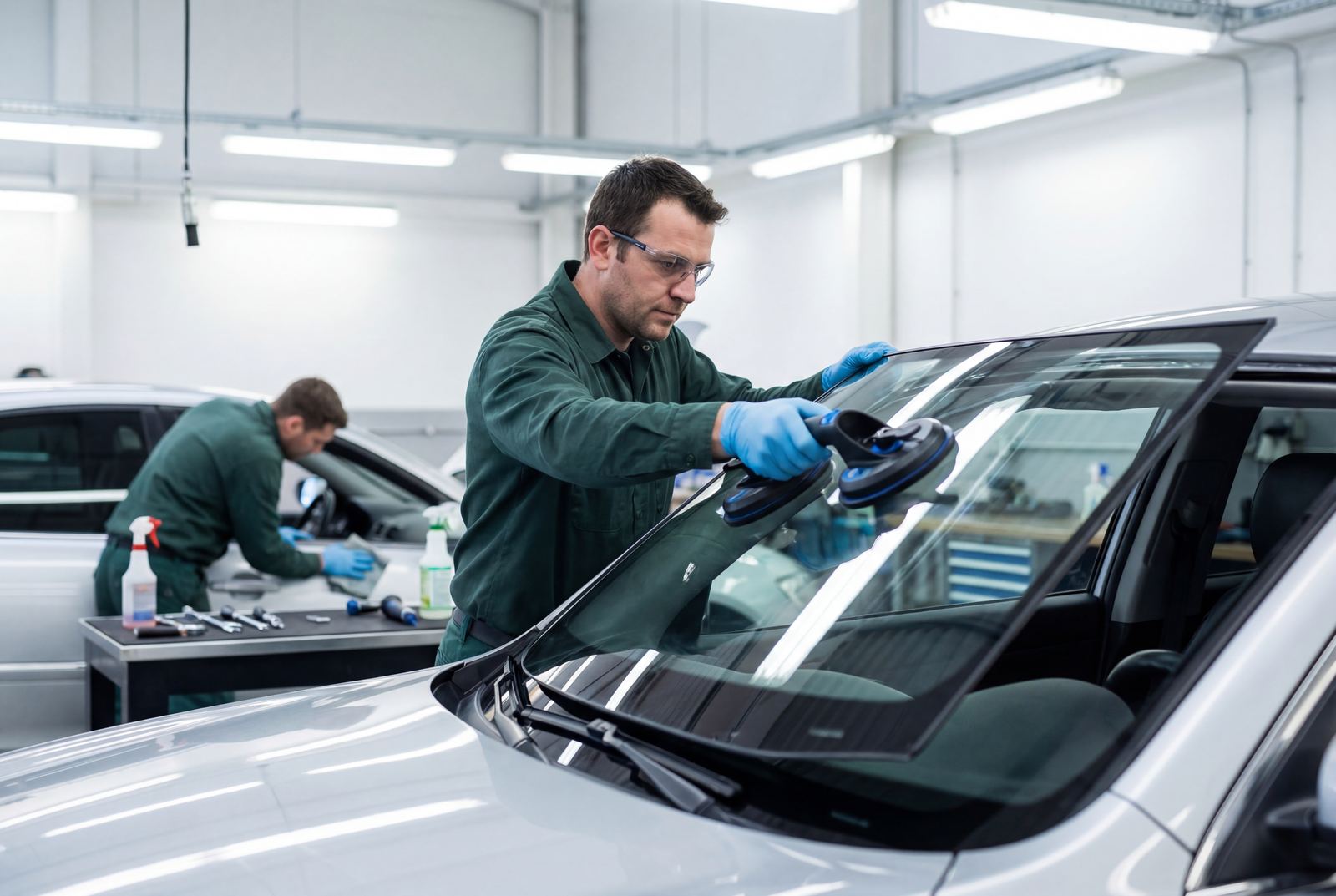 Windshield replacement in progress